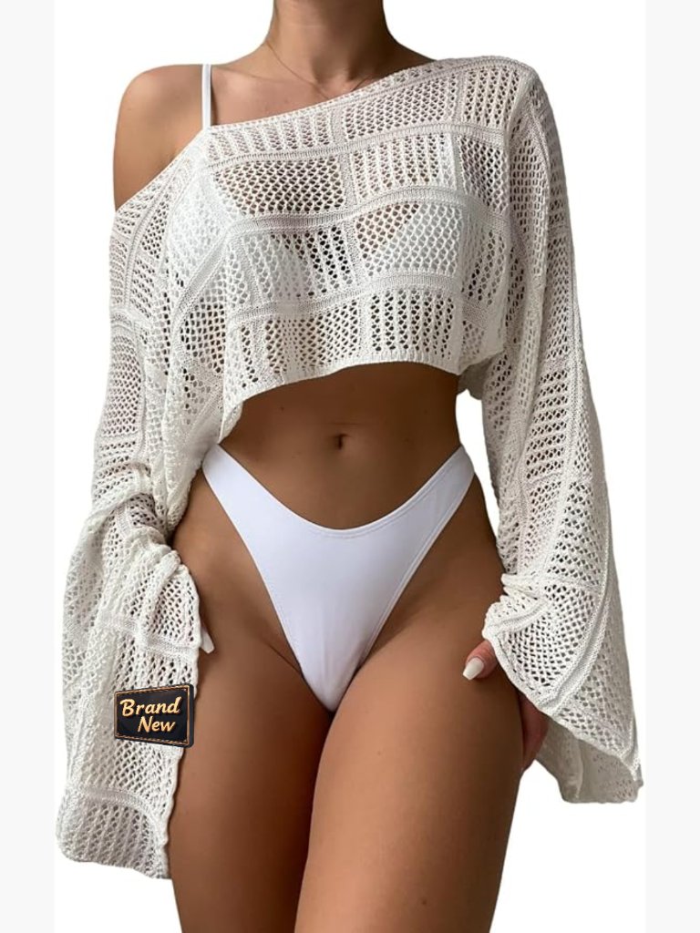 Hollow Out Crop Bikini Cover Up Boat Neck Long Sleeve Crochet Sheer Swimsuit